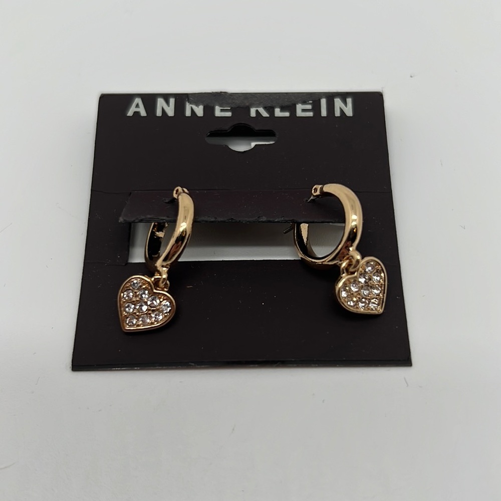 ANNE KLEIN Gold-Tone Pavé Heart Charm Hoop Earrings - Picture 2 of 3
